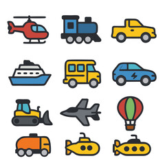 Flat Design Transportation Icons Set 2 — Helicopter, Train, Pickup, Cruise Ship, Electric Car, Submarine & More
