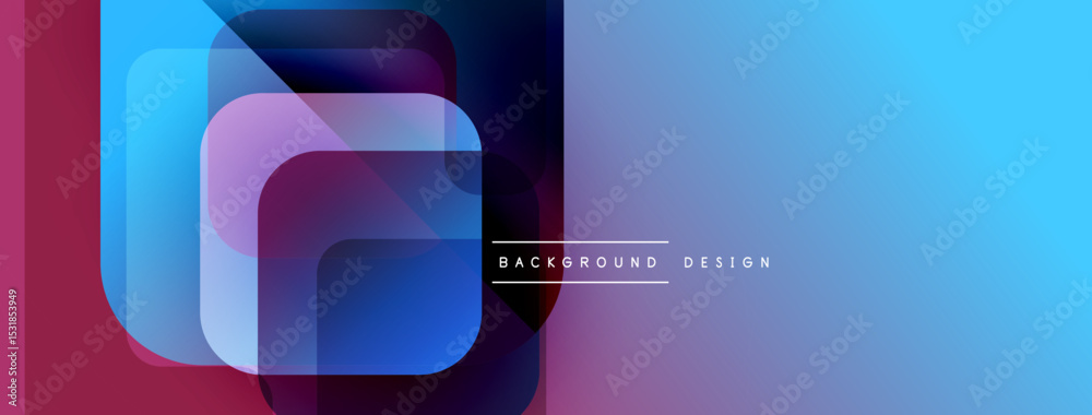 Poster Abstract background features layered squares, vibrant blues, purples, pinks. Modern design with gradient effects, text reads background design.
