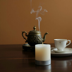 Burning candle close-up. Candles, making candles with your own hands. Wax candles, paraffin candles, interior decor. Concept of warmth and comfort, as the candle's light illuminates and creates a cozy