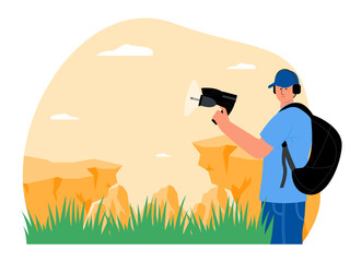 Recording bird sounds using a special microphone in the wild. Bird watch illustration. Flat vector illustration.