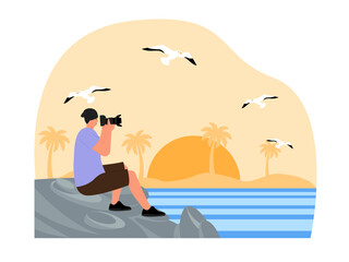 Photographer photographing a bird flying close to the beach. Bird watch illustration. Flat vector illustration.