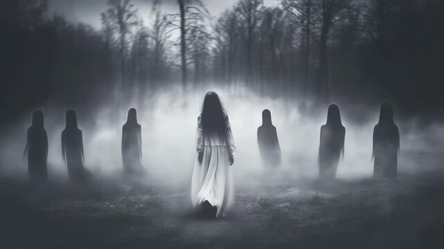Ghostly shadows looming around vulnerable white dressed girl, creating haunting supernatural atmosphere in misty, dark forest landscape with chilling gothic horror ambiance