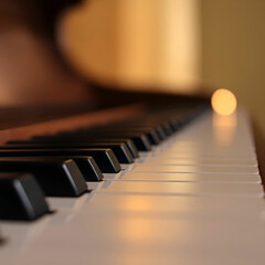 A close-up of a woman in a white gown playing the keys of a grand piano her face softly lit by a single beam of sunlight from a narrow window.