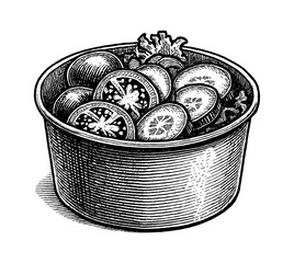 Engraved Illustration of Fresh Salad with Tomatoes and Cucumbers in Bowl