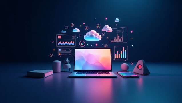 Laptop displays data analytics with cloud computing and technology