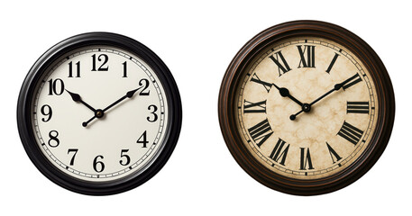 Dual Elegant Wall Clocks Displaying Classic Timepiece Design with Roman and Arabic Numerals, Perfect for Home Decor, Isolated on Transparent and White Background