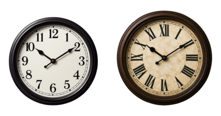 Dual Elegant Wall Clocks Displaying Classic Timepiece Design with Roman and Arabic Numerals, Perfect for Home Decor, Isolated on Transparent and White Background