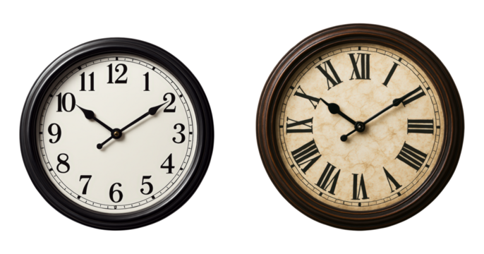 Dual Elegant Wall Clocks Displaying Classic Timepiece Design with Roman and Arabic Numerals, Perfect for Home Decor, Isolated on Transparent and White Background