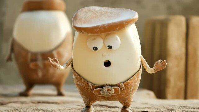 Funny cartoon character in egg shape wearing brown clothes and hat smiling and talking while standing on wooden surface