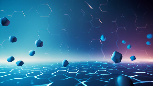 Abstract blue background with geometric shapes and floating polygons - Powered by Adobe
