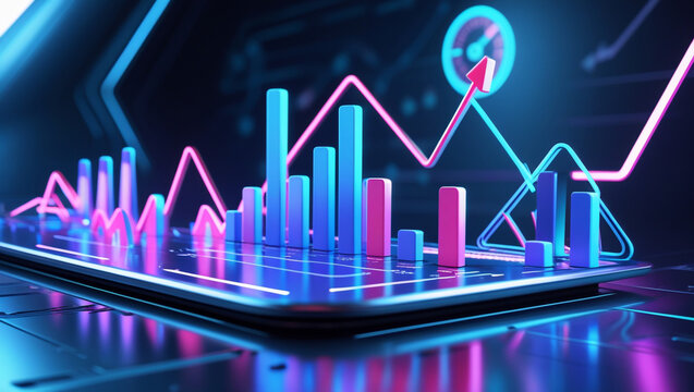 Financial chart shows upward trend with neon lights and bar graph