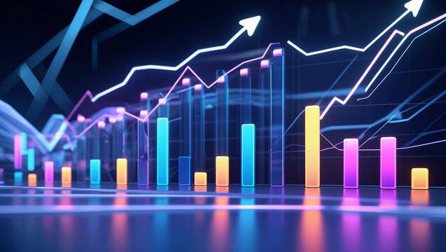 Colorful bar graph shows upward trends with glowing lines and columns