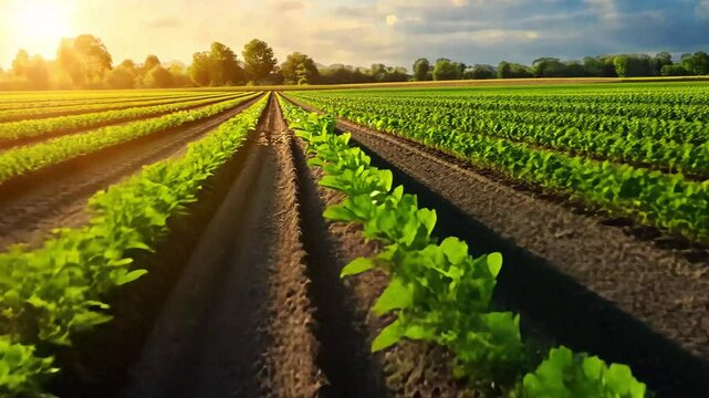 Rows of young sugar beet plants growing in a fertile soil on a field at sunset