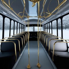 Luxurious bus interior with snow.