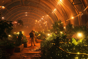 Astronauts nurturing glowing plants in a biodome garden under Mars’ red sky, futuristic utopian vision.