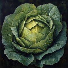 Obraz premium Close-up of a head of cabbage. Lush green leaves, deep tones, detailed texture, vibrant