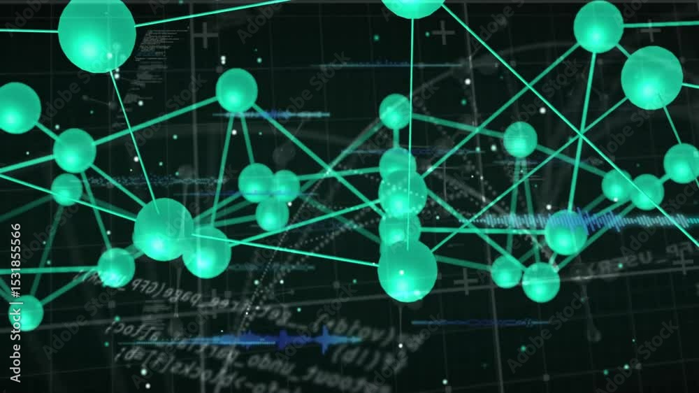 Poster at start network of green spheres orbiting camera, pulsing waveform, morphing and visualizing data