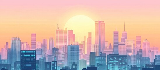 Obraz premium Sunset or sunrise Modern city skyscrapers panorama of tall buildings, urban background. Pop art retro vector illustration