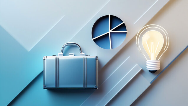 Briefcase pie chart and lightbulb represent business strategy and ideas - Powered by Adobe