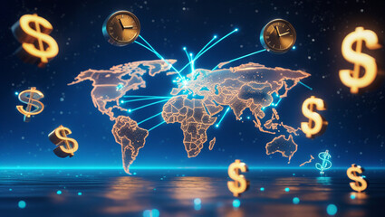 Global business connections with money and time around the world