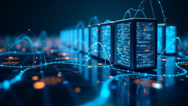 Servers with glowing data lines represent digital network technology