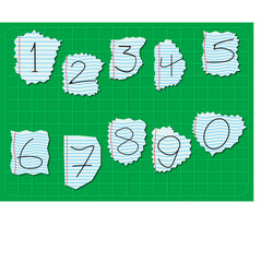 Digital Number puzzle Illustrated torn pieces of paper, each revealing a unique digit, assembled in a vibrant arrangement with a modern flat design style
