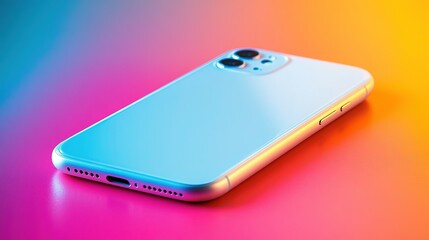 Side - placed smartphone with smooth texture, simple design on rainbow gradient blue - pink - orange - yellow background, conveying tech, stylish, futuristic vibe