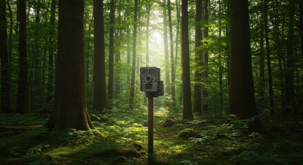 Trail camera mounted on a tree in a dark, mysterious forest. Capturing wildlife activity and environmental monitoring in a natural setting.