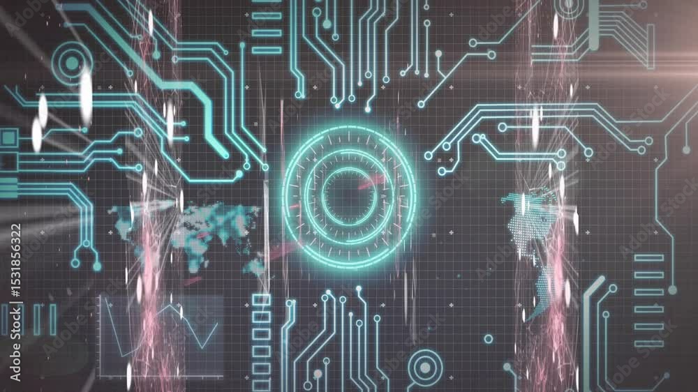 Poster upon loading central hub rotating pink streams pulsing, circuit lines branching, world maps forming