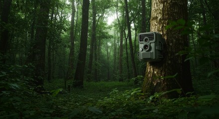 Trail camera mounted on a tree in a dark, mysterious forest. Capturing wildlife activity and environmental monitoring in a natural setting.