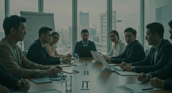 Diverse business team in a professional meeting, collaborating and discussing strategy in a conference room. Ideal for corporate themes and teamwor...