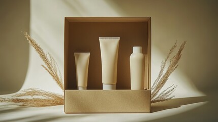 Simple kraft paper box with three beige skincare tubes, dried flowers on light background, creating beauty, skincare, natural aesthetic ambiance