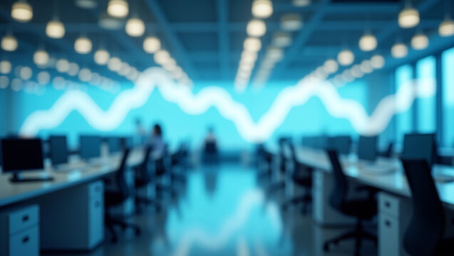 Blurred office interior with desks chairs and a financial chart display