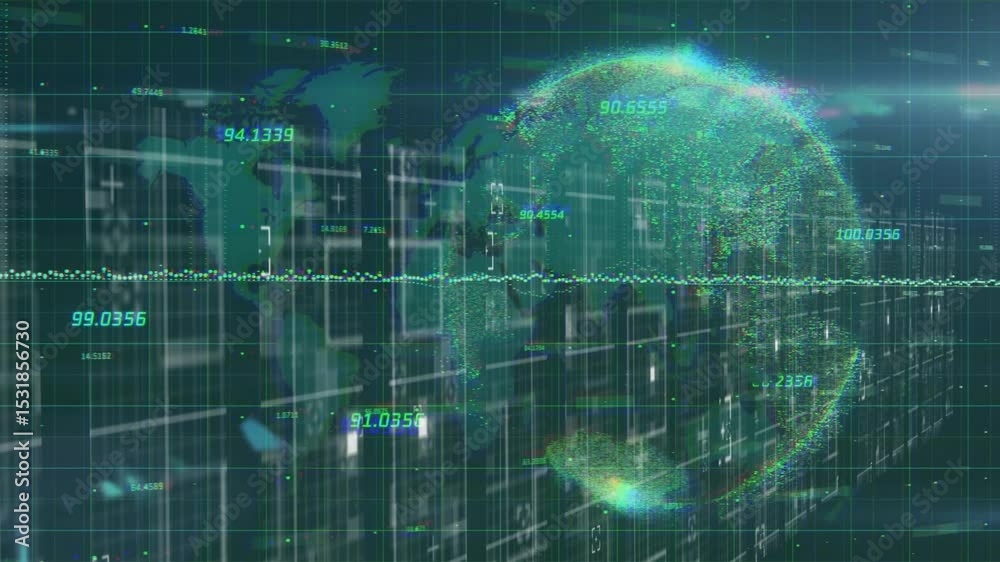 Poster data grid extending with map initiating numeric waveform pulsing globe emerging rotating networking