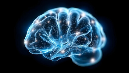 A glowing abstract representation of a human brain, illustrating neural connections and cognitive processes.