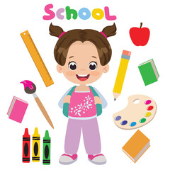 Cute little  school girl vector cartoon illustration
