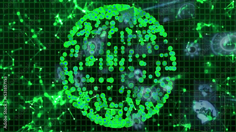 Poster grid nodes drifting inward forming sphere, data icons floating around sphere showing data flow
