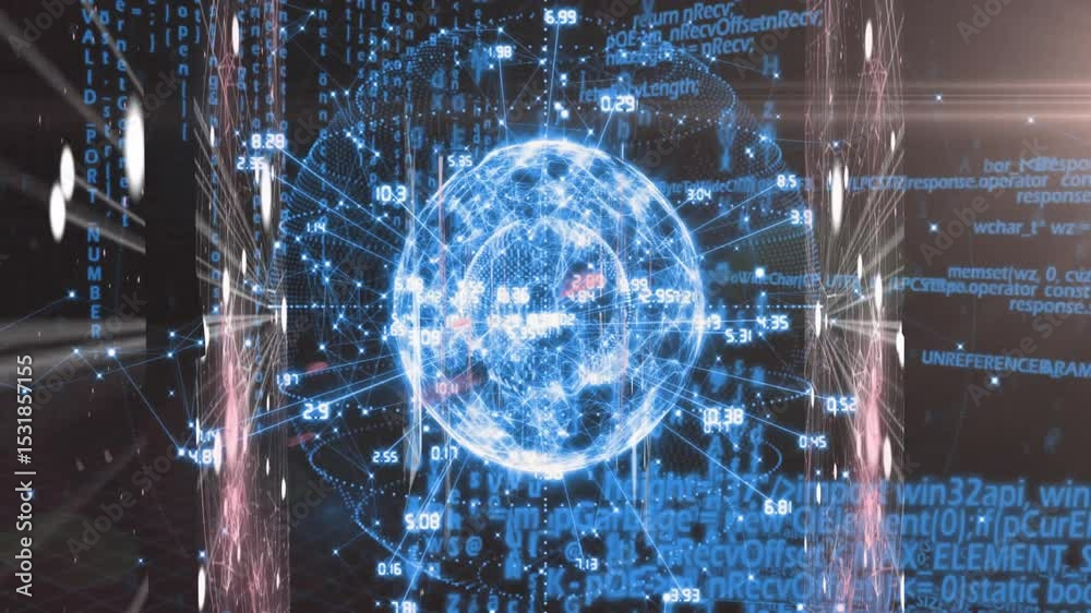 Poster wireframe sphere forming, generating labels, activating columns, pulsing rings visualizing data