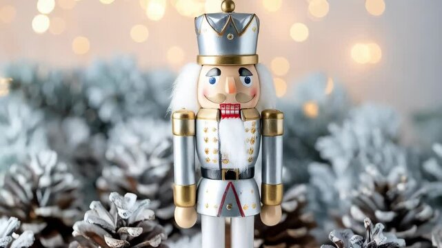 Decorative wooden nutcracker figure stands among snowy pine cones and frosted fir branches against blurred light bokeh background