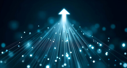 A vibrant, upward-pointing arrow made of luminous particles, creating a sense of progress and innovation.