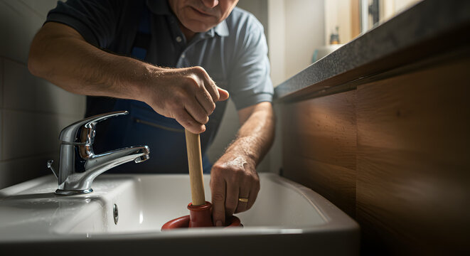 Expert Plumber: A skilled plumber tackles a clogged sink, plunging with precision. His expert hands and tools resolve plumbing issue in a bathroom.
