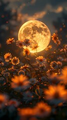 Full moon and flower field outdoor scenery illustration poster background