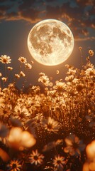 Full moon and flower field outdoor scenery illustration poster background