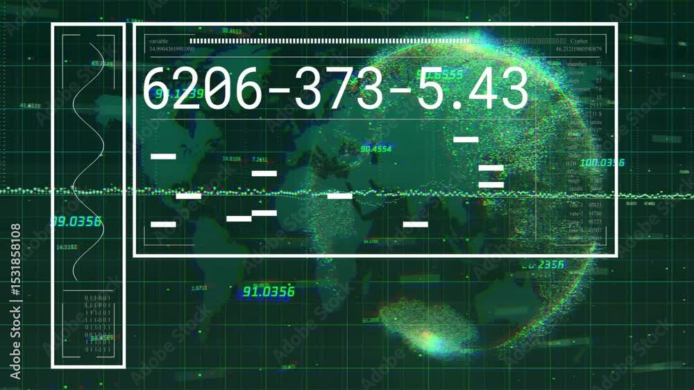 Poster opening data panel showing updating numeric codes with glitches, rotating globe, scanning waveform