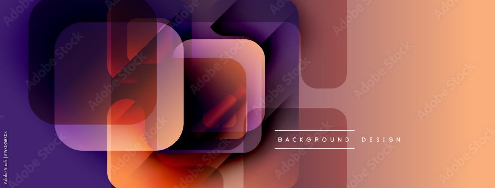 Poster Abstract geometric shapes overlap. Gradient colors blend from purple to orange. Modern design element for backgrounds or banners.