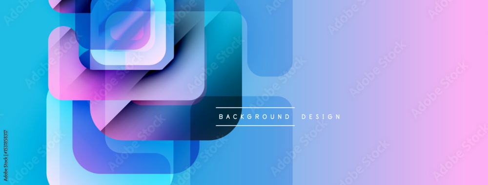Poster abstract geometric shapes overlap, creating vibrant blue, pink gradients. modern design feels dynami