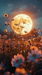 Full moon and flower field outdoor scenery illustration poster background