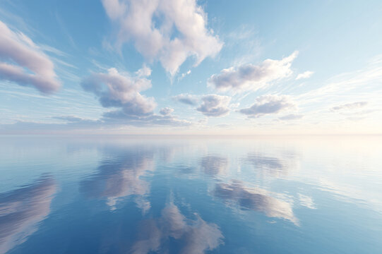 Soft clouds peaceful sky calm sea blue water tranquil serene nature reflection - Powered by Adobe