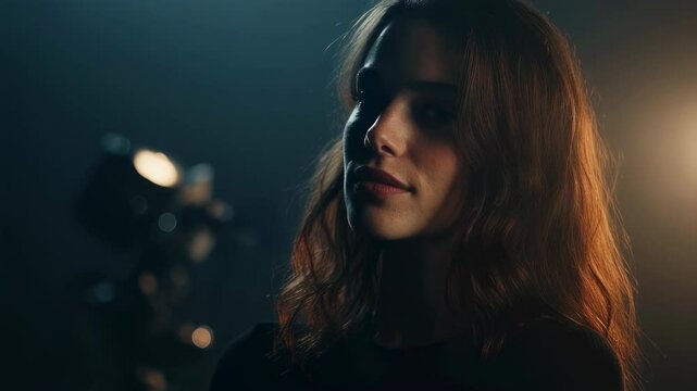 Professional lighting illuminates a young actress with long brown hair, wearing a black shirt, as she poses for a film production in a studio setting