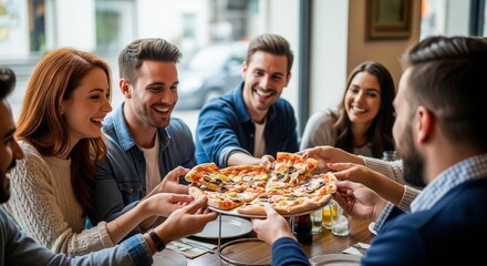 group of young people eating pizza at a restaurant